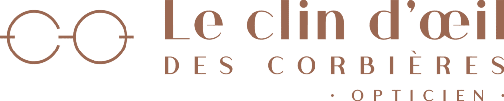 Logo Le Clin d’œil des Corbières, opticien. Icône de lunettes épurée ton terre battue.