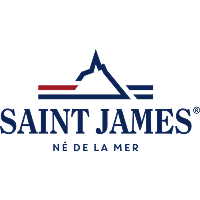 Logo Saint James : Marque de vêtements marins Né de la mer Logo Saint James bleu marine avec silhouette du Mont Saint-Michel et slogan Né de la mer.