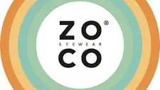 ZOCO Eyewear : Logo au Style Rétro et Design Coloré Logo ZOCO Eyewear noir centré dans des cercles concentriques rétro orange, jaune et turquoise.